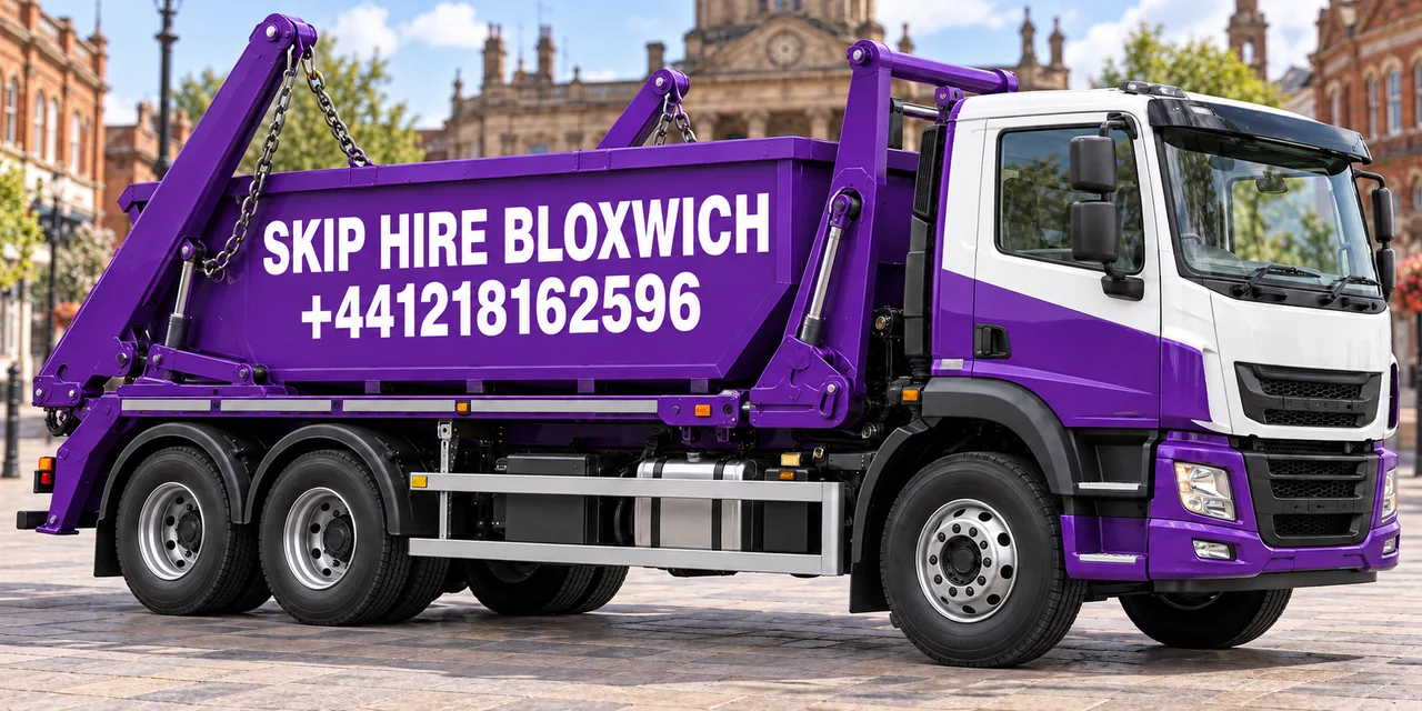 Purple Skip Hire Bloxwich truck displaying +441218162596 in an illustrated Walsall setting