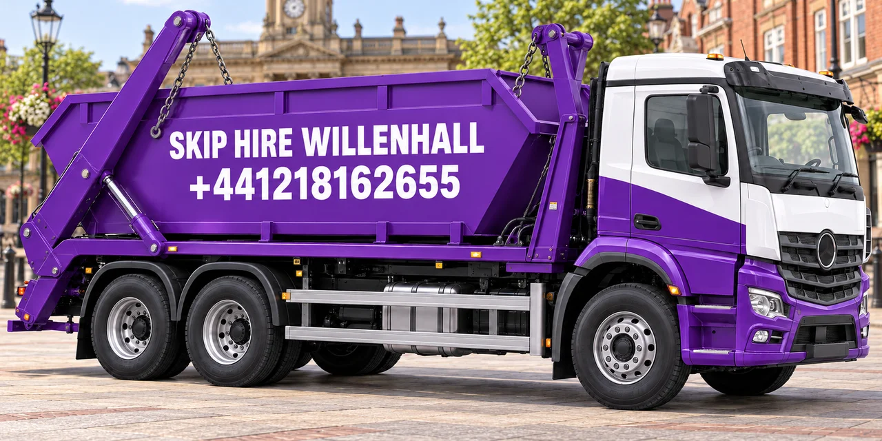 Purple Skip Hire Willenhall truck displaying +441218162655 in an illustrated Walsall setting